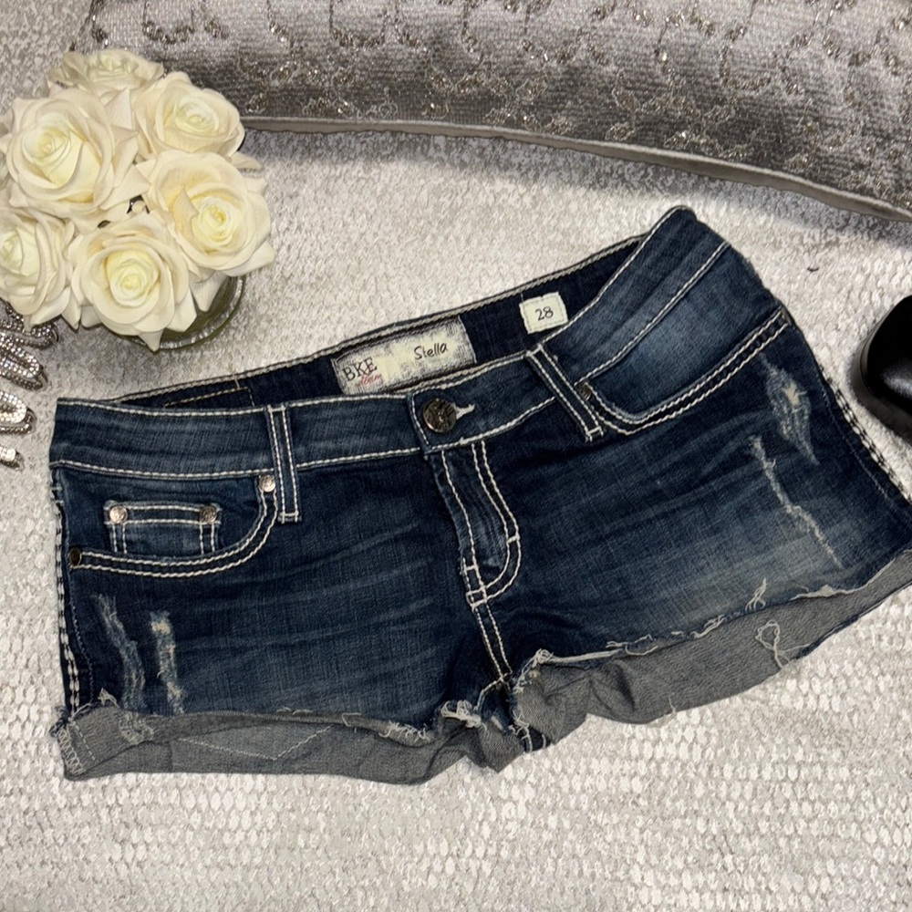 BKE Stella Blue Jean cut off Shorts with Distressed Hem thick stitch low rise 28